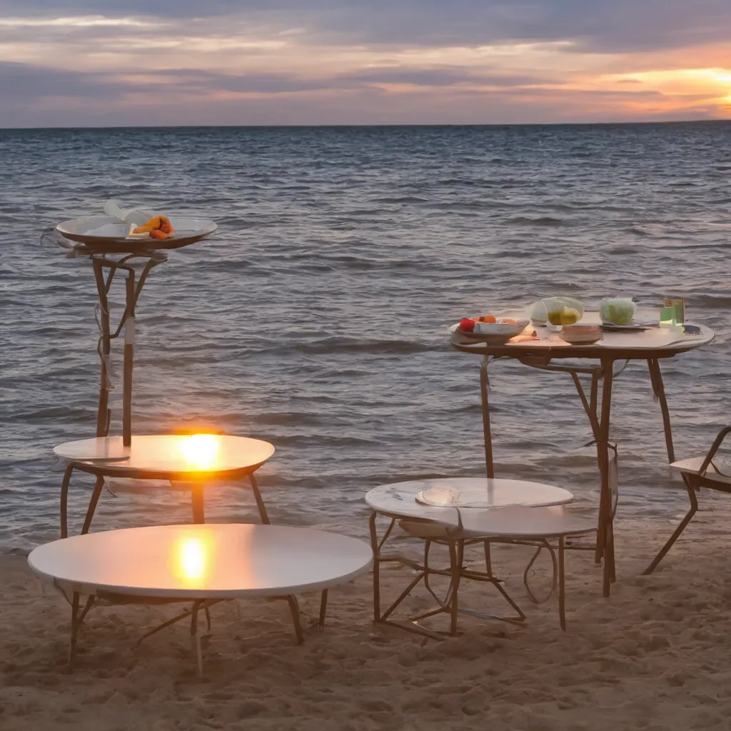 Image similar to professional photo of empty white dish in the middle over a table with a sunset on the beach in the background