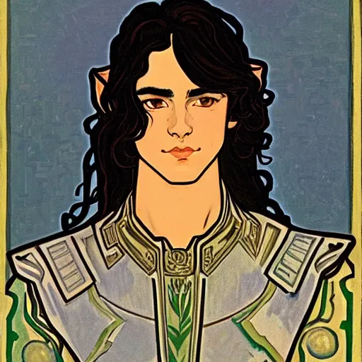 Image similar to painting of young handsome beautiful paladin elf! man with long wavy dark hair in his 2 0 s named shadow taehyung at the blueberry party, wearing armor!, elegant, clear, painting, stylized, delicate, soft facial features, art, art by alphonse mucha, vincent van gogh, egon schiele,