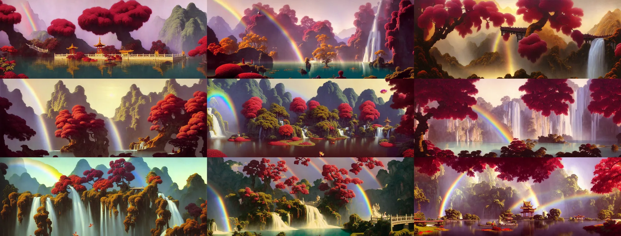 Image similar to a gorgeous painting by barlowe wayne, maxfield parrish and marco mazzoni. xanadu chinese temple on a platform that extends over a great waterfall, a huge tallest magnificent peach blossom tree glowing, maroon leaves, bridge, 3 d, octane render, lotus flower lake, waterfall. fog, just one rainbow. 8 k.