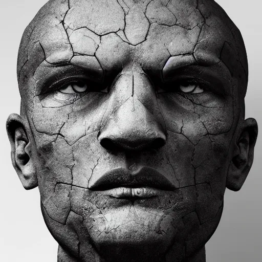 Image similar to a face of a man made of black stone. black background. cast iron. gothic baroque. expressive eyes. symmetry. epic. ominous shapes. hyper detailed. lighting from the bottom, sharp shadows. photoreal. trending on artstation