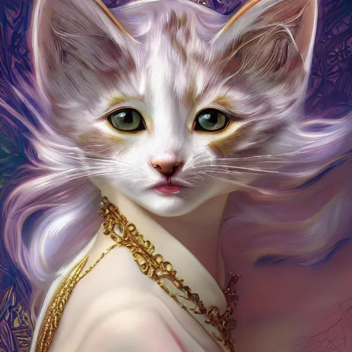 Image similar to a photograpic portrait of a anthropomorphic kitten wearing white clothes, iridescent colors, fantasy, intricate, elegant, highly detailed, digital painting, artstation, concept art, smooth, sharp focus, illustration, art by artgerm and H R Giger and alphonse mucha