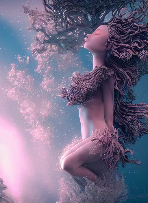 Image similar to beauteous underwater biomechanical incredible hair, crystalline masterpiece incrustations, hyperdetailed face, elegant pose, movie still, intricate, octane render, cinematic forest lighting, cgsociety, unreal engine, crepuscular rays, god rays, caustic lighting