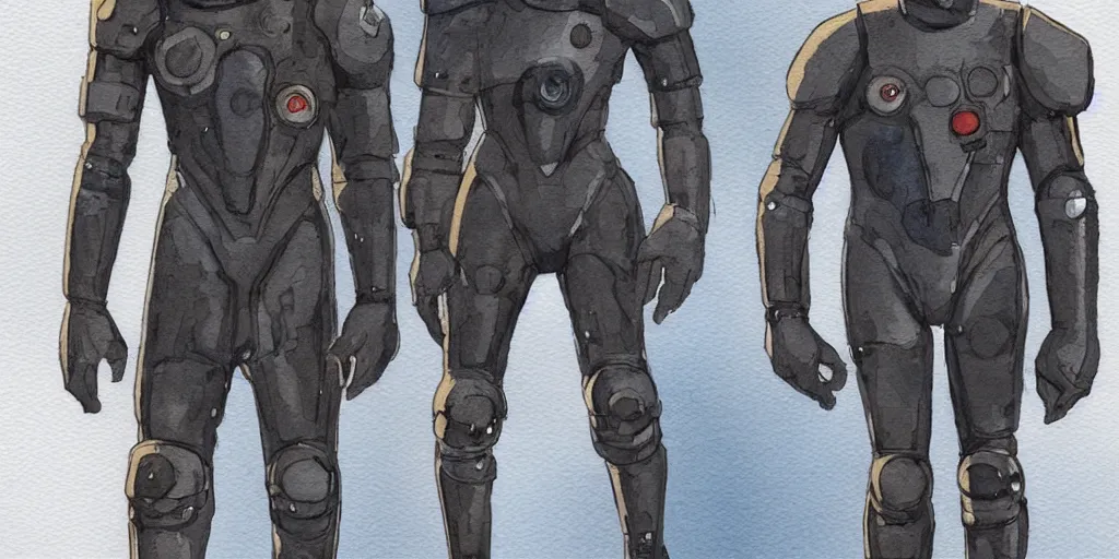 Image similar to male, full body, modern space suit, intriguing helmet, very stylized character design, the expanse tv series, large shoulders, short torso, long thin legs, tiny feet, science fiction, hyperdetailed, technical suit, dieselpunk, watercolor digital painting, in the style of mike mignola, by alex maleev, jean giraud