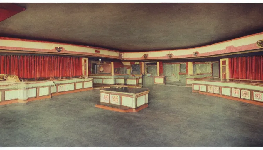 Image similar to 70s movie still of empty north-korean restaurant palace with propaganda fresco, eastmancolor, heavy grain, high quality, higly detailed