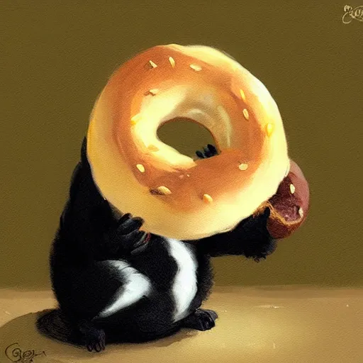 Prompt: a black fat cat holding a bagel!, art by greg rutkowski