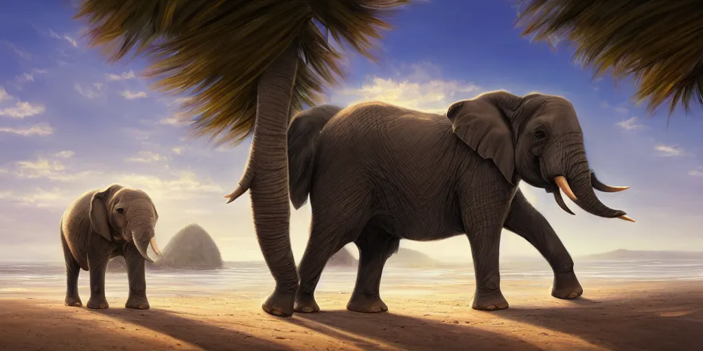 Prompt: beautiful digital illustration of a elephant on a beach by andreas rocha, curvilinear architecture, fluffy pastel clouds, cinematic, architecture, concept art, deviantart, artsation, artstation hq, hd, 1 6 k resolution, smooth, sharp detail, amazing depth, octane, finalrender, unreal engine