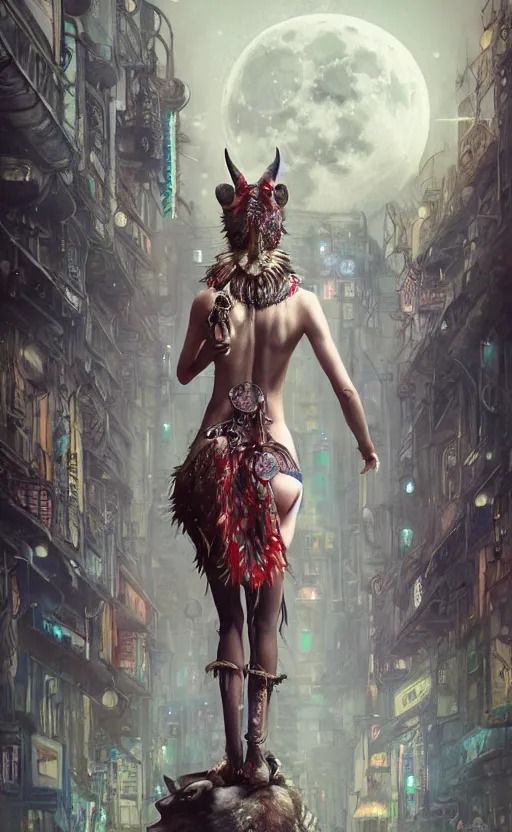 Image similar to hyper realistic Princess Mononoke, ornate mask magic, wet market street, cyberpunk metropolis, city landscape, jewels, full body pose, full moon, wolf by her side, style of tom bagshaw, mucha, james gurney, norman rockwell, denoised, sharp