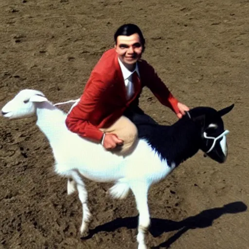 Image similar to Mr bean surfing on a goat