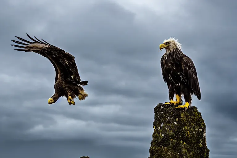 Prompt: a wideangle colorchrome supersharp photo of a white - tailed eagle, 3 0 0 mm lens, stormy sky