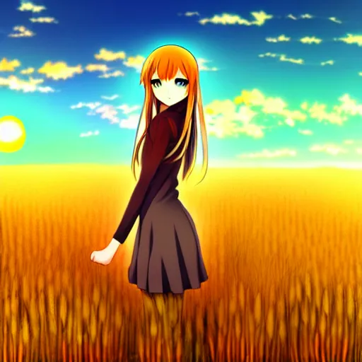 Image similar to anime illustration of Holo from Spice and Wolf standing in a wheat field at sunset, Holo is a wolf girl, high detail, trending on pixiv