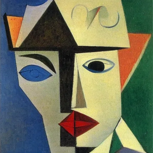 Prompt: 20 year old bald man with a short length full brown beard and vibrant blue eyes sitting and staring gloomly at the floor in a dimly lit library. Dark. cubist painting. Pablo picasso.