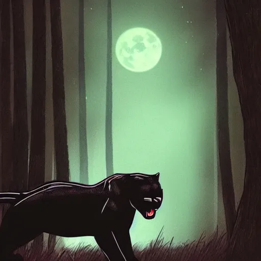 Image similar to a panther roaring at the moon in a forest during the night, large moon in the center. artistic. illustration. trending on artstation. cinematic. photoreal. dark colors. night.