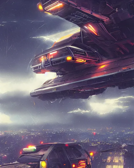 Image similar to solarpunk vehicle above a city, scifi, futuristic, bright light, highly detailed, concept art, sharp focus, trending on artstation, intricate, atmosphere, raining, art by roman makarenko, dzung phung dinh