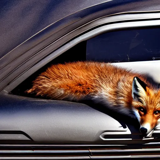 Image similar to curled up fox on a car's hood, award winning photography