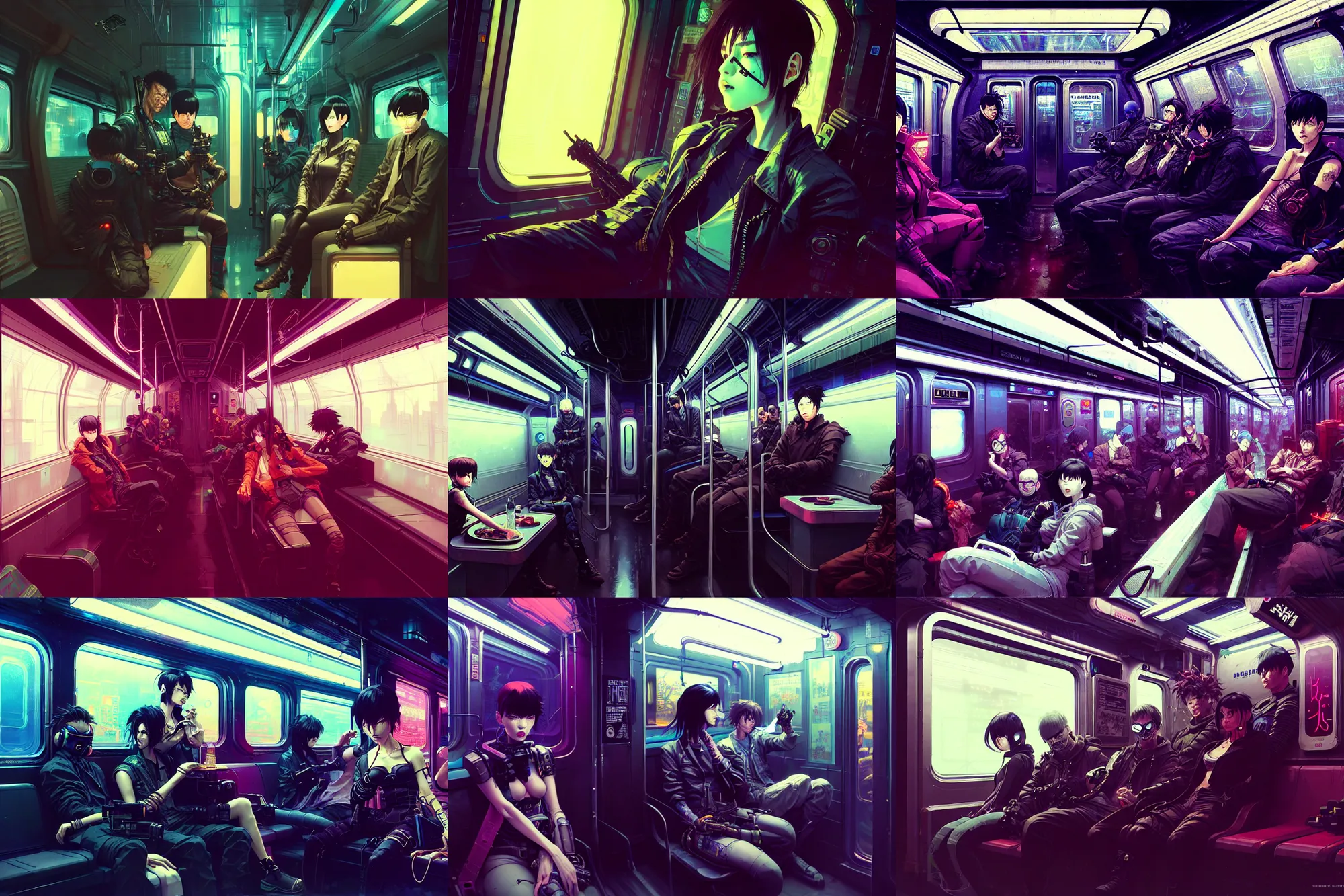 Prompt: hyper - realistic cyberpunk portrait of beautiful! subway car interior at night, extreme detail, in style of ilya kuvshinov, pan ren wei, yoji shinkawa, atey ghailan, greg rutkowski, by greg tocchini, by james gilleard, by joe fenton, by kaethe butcher, trending on artstation, grunge aesthetic