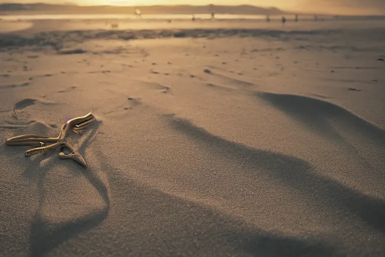 Prompt: a photograph of a skeletal arm on a sandy beach holding a compass. golden hour, dslr, cinematic lighting.