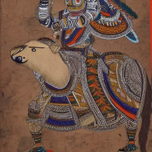 Prompt: tribal art of a warrior riding a bear into battle by japani shyam, highly detailed, very detailed, intricate, 8 k