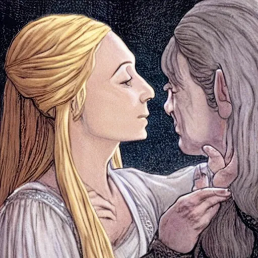 Image similar to galadriel kissing a hobbit