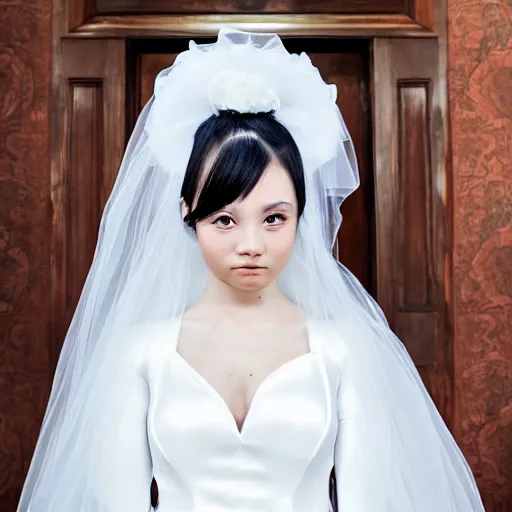 Prompt: a symmetric and beautiful face, professional full length high definition photo of a young woman with twin tails and wedding dress