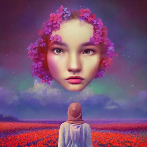 Image similar to girl with one blooming flower as a face, surreal photography, dream, standing in flower field, hills, big trees, sunrise dramatic light, impressionist painting, colorful clouds, digital painting, pointillism, artstation, simon stalenhag, flower face