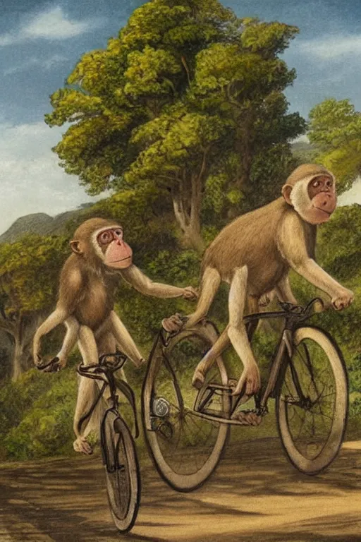 Prompt: two monkeys riding a tandem bicycle down a winding road, drawn by Nicholas John Frith