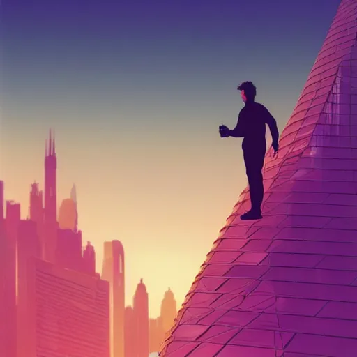 Image similar to closeup of a man [ standing on the pinnacle of the burj khalifa ]!!, holding a camera, viewing out into a [ futuristic cityscape ]!!, dusk atmosphere, digital art illustrated by max hay and greg rutkowski, [ 8 0 s neon art style ]!!, neon wallpaper!!, golden ratio!!, centered!!