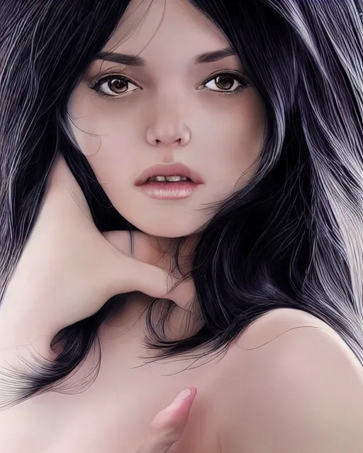 Prompt: portrait of woman cute-fine-face, with long black hair that extends past her waist with locks of hair that frame her face down to her chin and shows off her high forehead, pretty face, realistic shaded Perfect face, fine details. Anime. realistic shaded lighting by Ilya Kuvshinov Giuseppe Dangelico Pino and Michael Garmash and Rob Rey, IAMAG premiere, aaaa achievement collection, elegant freckles, fabulous