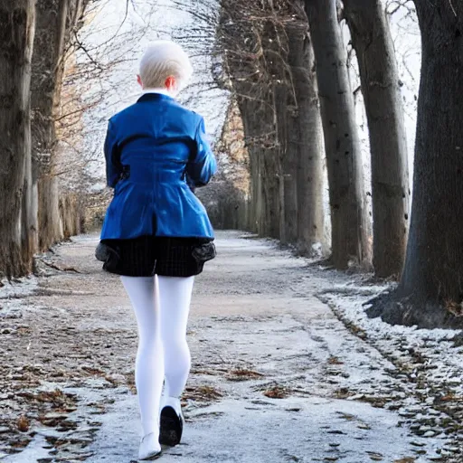 Image similar to 19-year-old Aristocratic platinum-blonde-haired hime-cut blue-eyed French empress wearing white leggings and black jacket, walking down sidewalk, winter trees, dead trees, mill, abandoned mill, drones, HD photograph