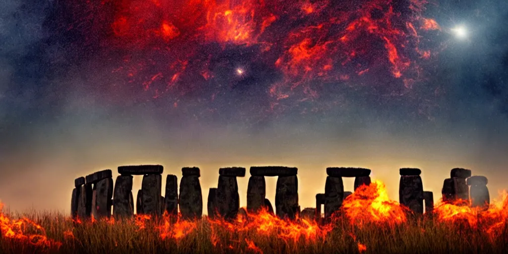 Prompt: a painting of Stonehenge in a blaze of fire as asteroids shower down from the sky, dusk, cinematic lighting