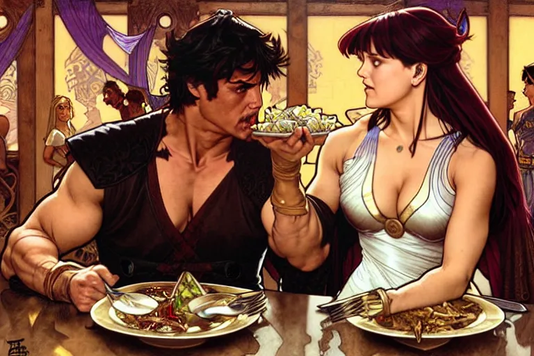 Image similar to xena warrior princess eating at a restaurant, with a hispanic man in a suit as her companion, art by artgerm and greg rutkowski and alphonse mucha