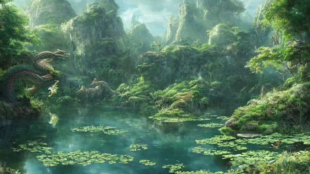 Prompt: a ultradetailed beautiful matte painting of a peaceful pond with a clear water where a majestic ancient dragon with intricate green scale is peacefully sleeping, dynamic lighting, cinematic lighting, lit by morning light, by krenz cushart and artgerm, anime