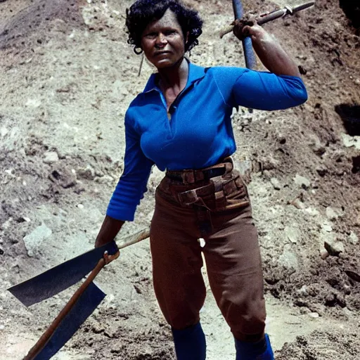 Prompt: 90's professional color photograph, A very muscular miner black woman in blue, short black hair, wielding a pickaxe in the mine. stunningly, beautiful, intricate, elegant, sharp focus, beautiful bone structure, symmetrical features