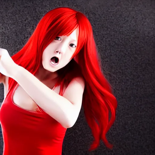 Image similar to cute anime girl with red hair, angry facial expression, in red dress