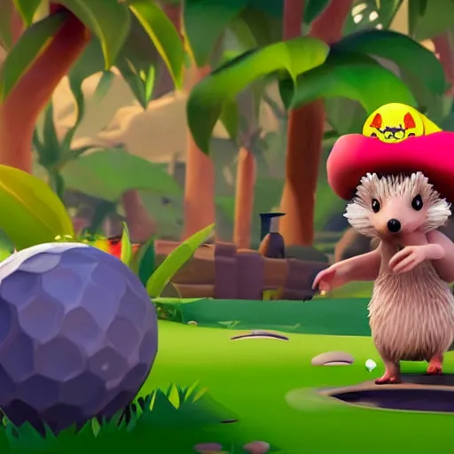 Prompt: hedgehog playing golf in sea of thieves, hedgehog wearing a pirate hat, cute, colourful, happy, adorable