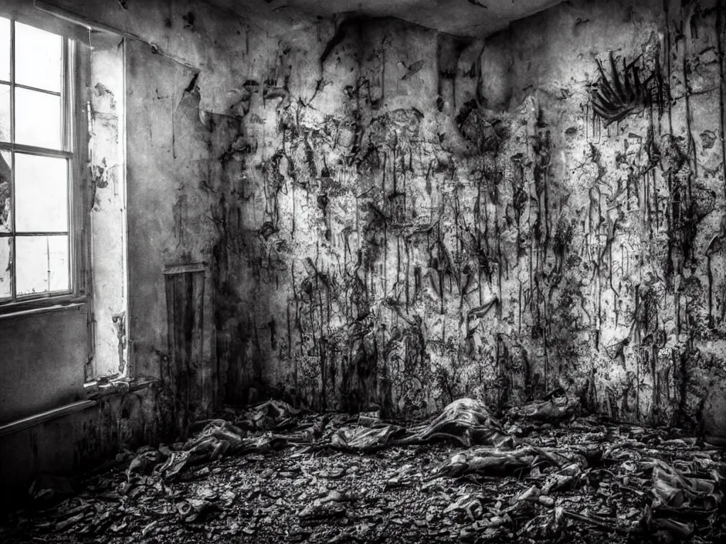 Prompt: the corner of a room in an abandoned building, where a mutant creature lurks, dirty windows, debris, tentacle beast, dust, bleak apocalyptic style, creepypasta, ominous vibe, sharp fangs!!! mutant creature!!!