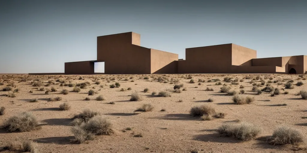 Image similar to a brutalist building in a stunning desert landscape inspired by altor aalto, architecture, bauhaus, pop surrealism, surrealism,