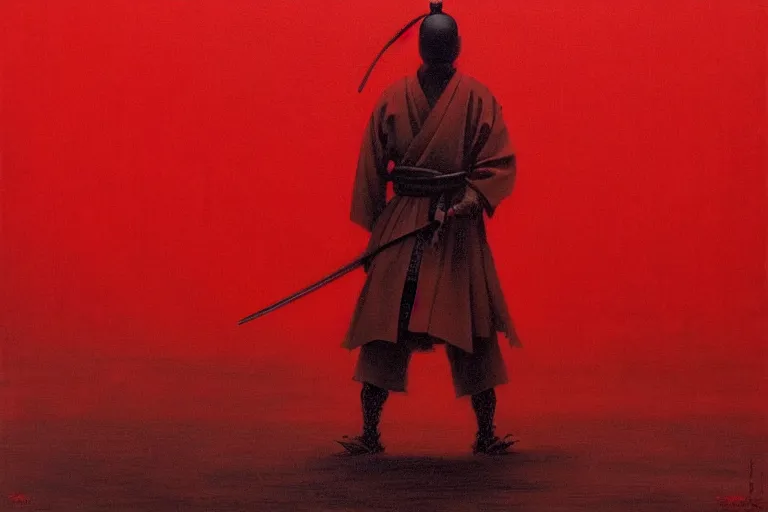 Image similar to only with red, a red samurai harakiri, tokio, a lot of frogs watch, in the style of beksinski, parts by edward hopper, parts by rodcenko, parts by yue minjun, intricate and epic composition, red by caravaggio, insanely quality, highly detailed, masterpiece, red light, artstation, 4 k