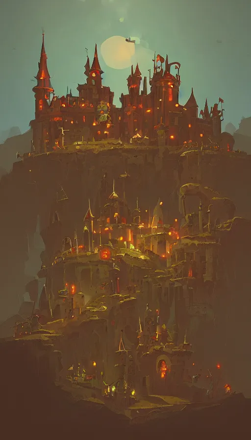 Prompt: steampunk castle on a hill, sharp focus, james gilleard, print, game art