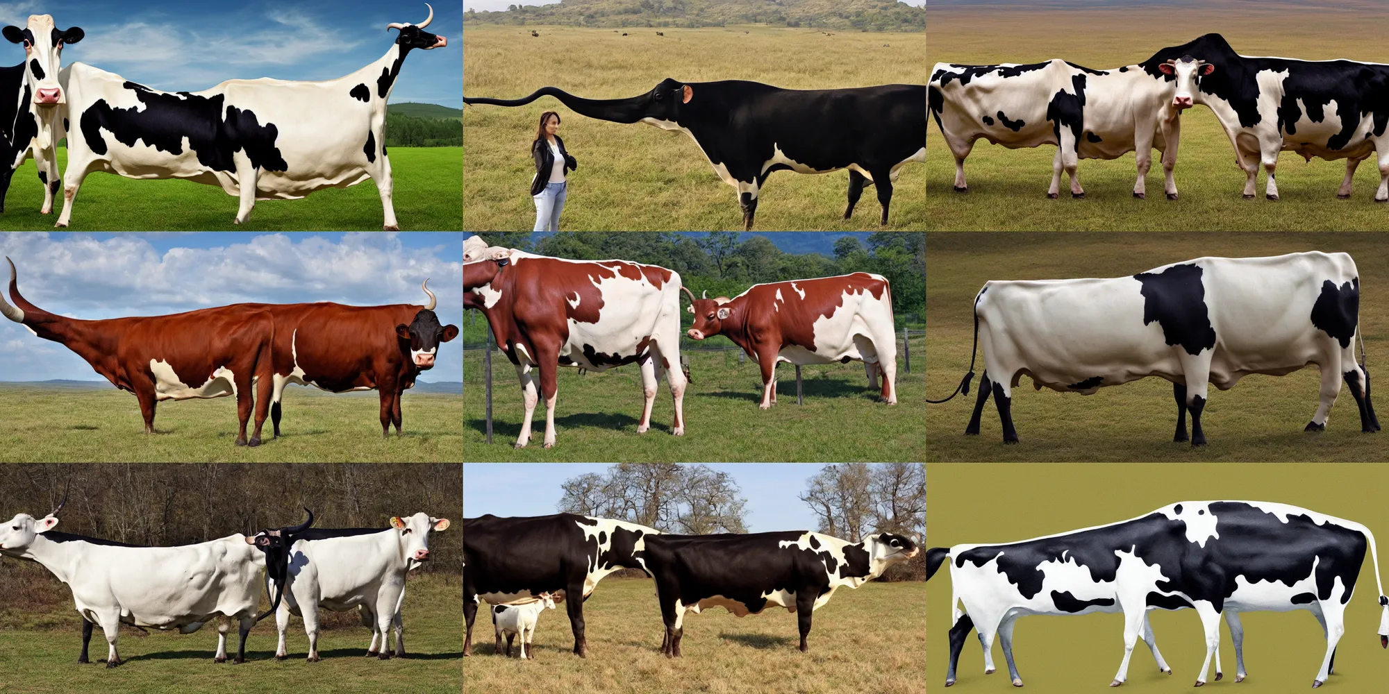 Prompt: a very long cow, very long body, photograph, realistic