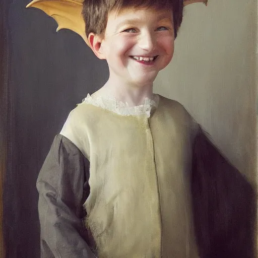 Image similar to tonalism flowing, cosy by akos major, by margaret modlin. a painting of a young boy disguised as a dragon. the boy is shown wearing a costume with dragon - like features, including a long tail, wings, & horns. he has a large grin on his face, suggesting that he is enjoying his disguise.