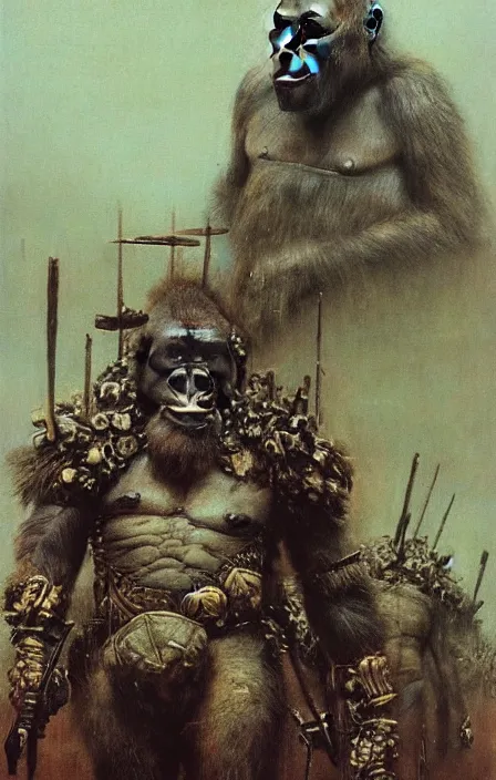 Image similar to war gorilla in tribal armor, beksinski, ruan jia,