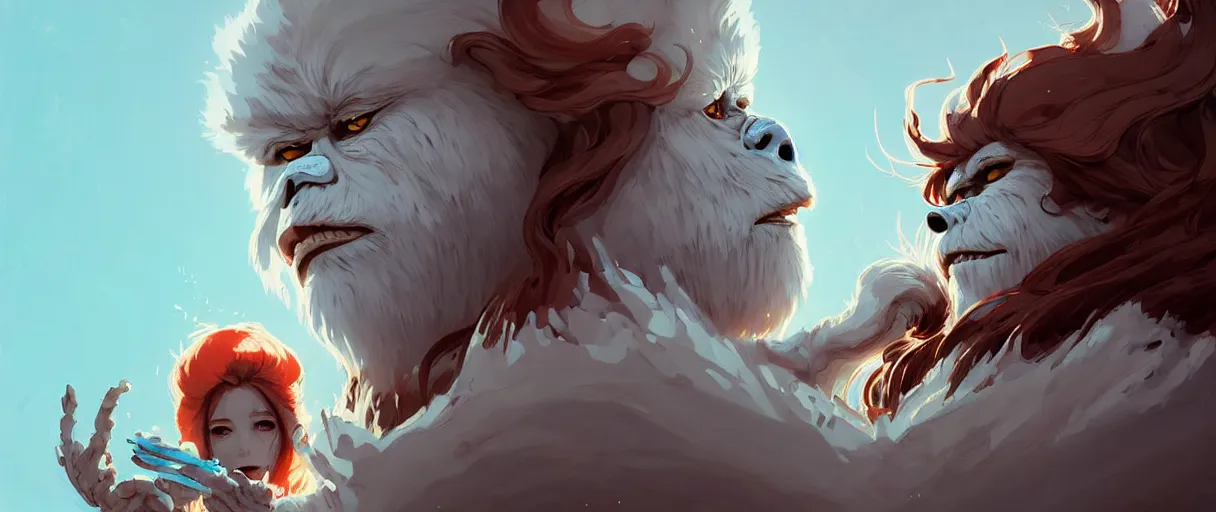 Image similar to beautiful artistic - wave highly detailed portrait yeti and bigfoot, with kitsune mask, long red hair, by atey ghailan, by greg rutkowski, by greg tocchini, by james gilleard, by joe fenton, by kaethe butcher, dynamic lighting, gradient light blue, brown, blonde cream and white color scheme, grunge aesthetic