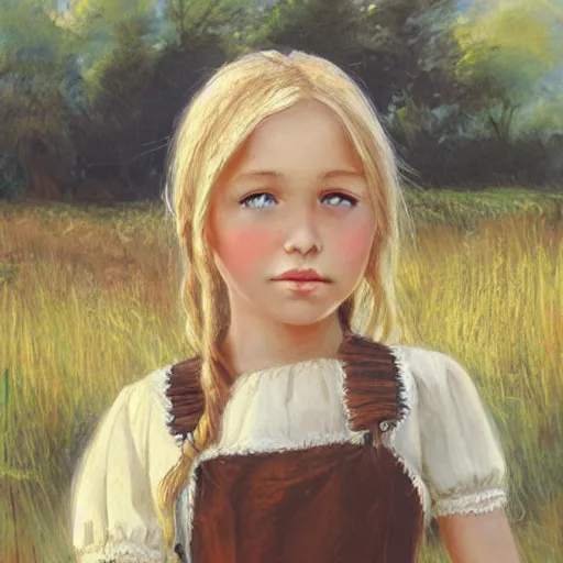 Image similar to young blonde pioneer girl in a meadow, portrait, anime