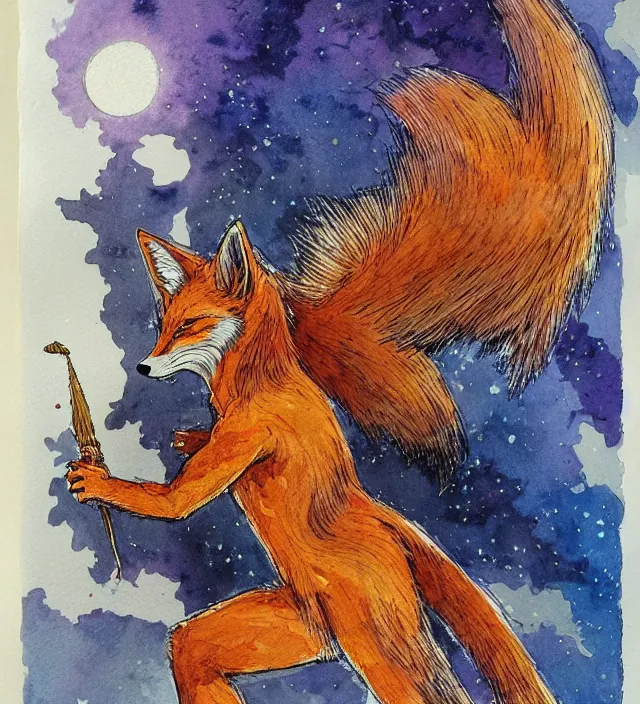 Prompt: a 3 / 4 view watercolor ink painting of a humanoid fox sorcerer / wizard casting a spell in the style of jean giraud in the style of moebius trending on artstation deviantart pinterest detailed realistic hd 8 k high resolution