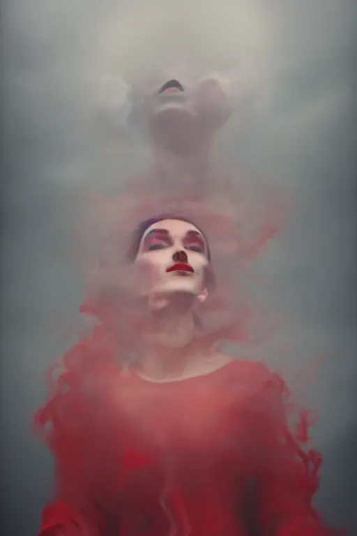 Image similar to tattooed beautiful cult girl smoke swirling and smiling, red dress, symmetric, dark, moody, eerie religious composition, photorealistic oil painting, post modernist layering, by Sean Yoro