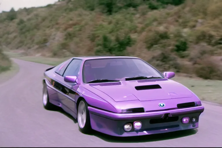 Image similar to vintage archival race footage of a single purple 1995 BMW M1, with elements of the Vector W8 Twin Turbo, movie still, speed, cinematic Panavision 5384 film