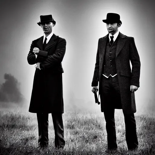 Prompt: medium long shot, 3 / 4 shot, full body, of clint eastwood and tom hardy posing, in the style of peaky blinders, detalied, highly rendered, black and white, sharp, dreamy, misty woods, epic, 3 5 mm, photo by rodrigo prieto