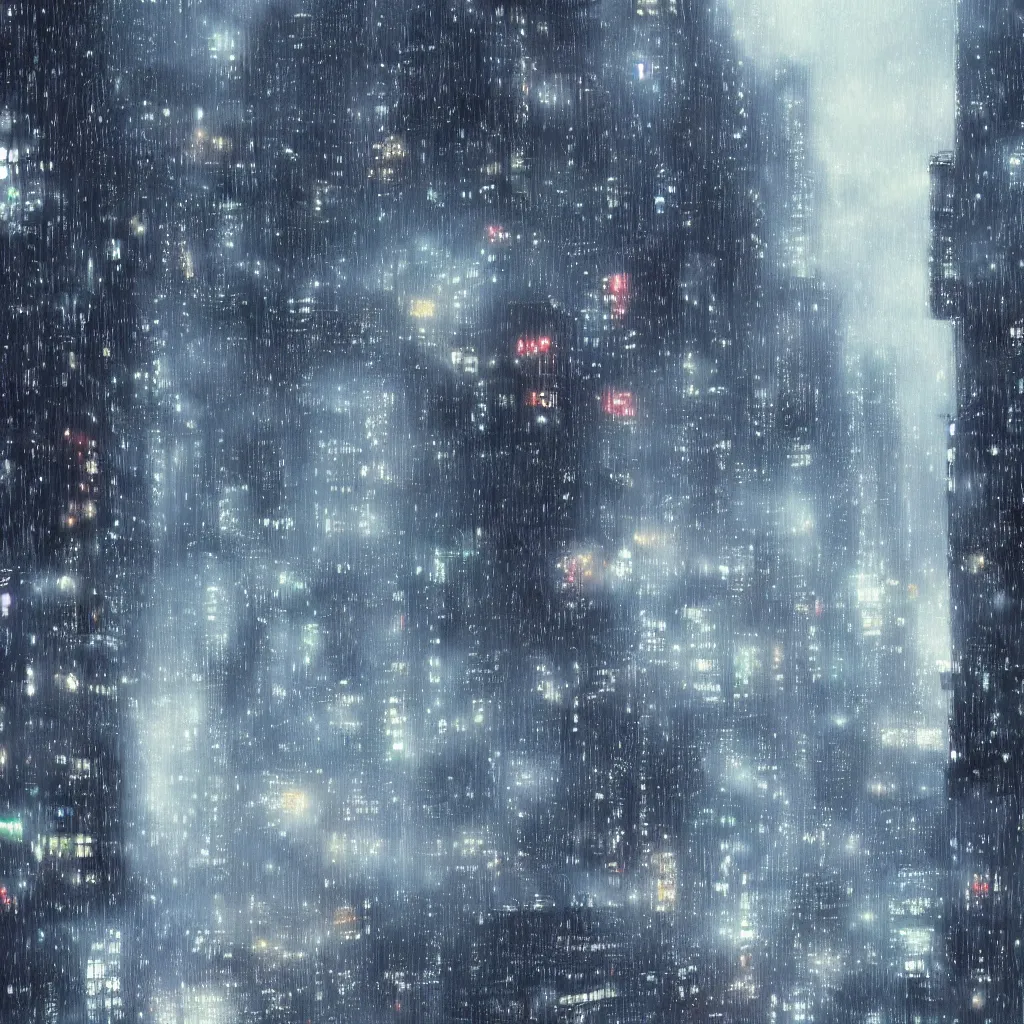 Prompt: beautiful raining anime cityscape by makoto shinkai, tall buildings and grey fog, trending on pixiv