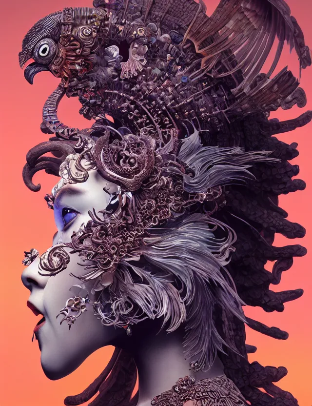 Prompt: 3 d goddess of hell close - up profile portrait with ram skull. beautiful intricately detailed japanese crow kitsune mask and clasical japanese kimono. betta fish, jellyfish phoenix, bio luminescent, plasma, ice, water, wind, creature, artwork by tooth wu and wlop and beeple and greg rutkowski