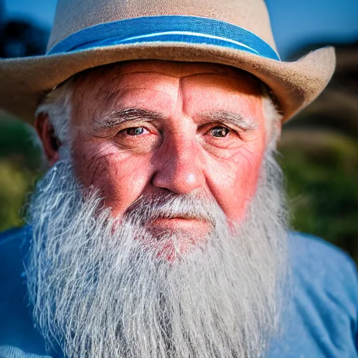 Image similar to a cyanotype portrait of an old man, beautiful detailed eyes, golden hour in pismo California, outdoors, professional award winning portrait photography, Zeiss 150mm f/2.8